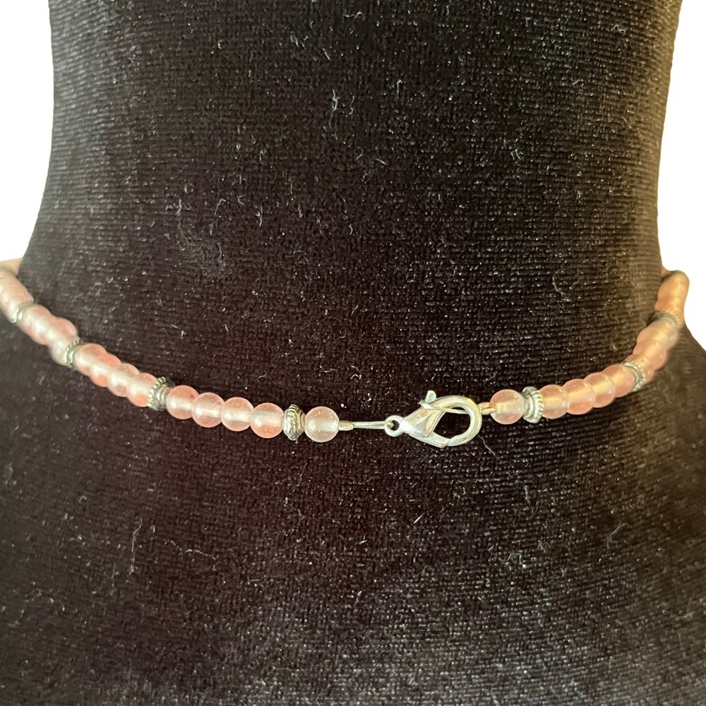 Strawberry Quartz Beaded Necklace with Silver Accents and Square Pendant - Picture 4 of 5
